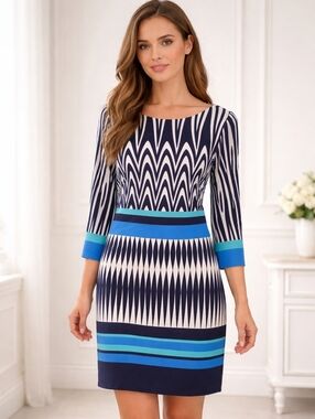 Blue Patterned Boatneck Sheath Dress